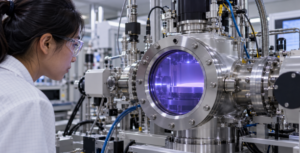 Engineer observing a violet plasma glow inside a sealed plasma ALD chamber.
